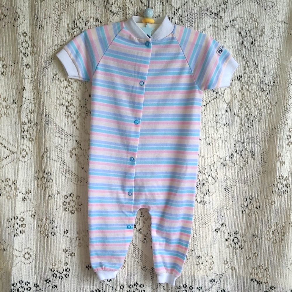 Vintage Jog Togs, Lullaby Land Striped Pastel Baby One Piece, Size Large